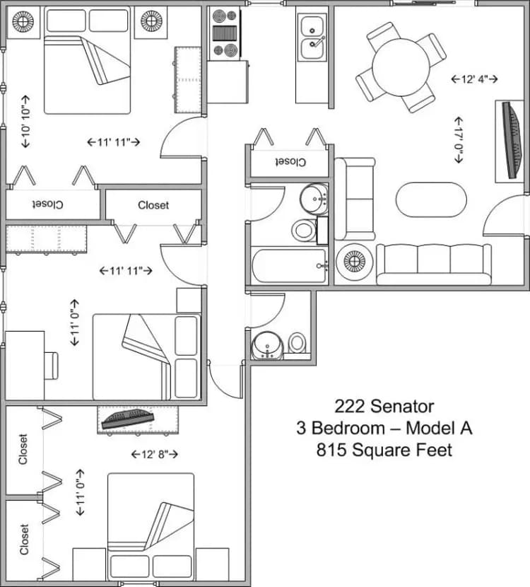 Cincinnati apartments for rent - image - 222 Senator 3BR MOD A, Floor Plan.jpg
