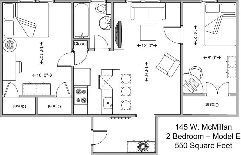 Cincinnati apartments for rent - image - 145 W McMillan 2BR Model E Floor Plan 129 229.jpg