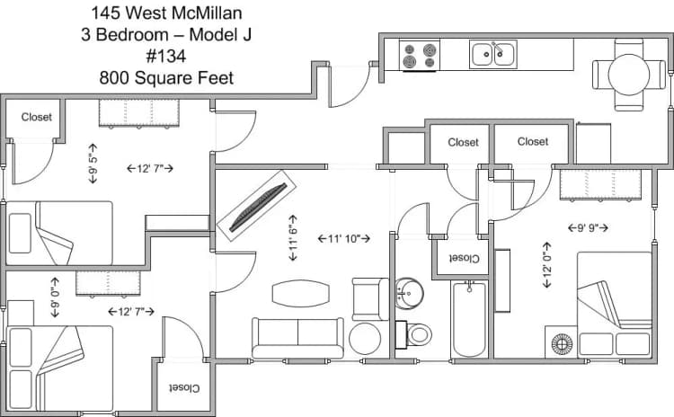 Cincinnati apartments for rent - image - 145 W McMillan 3BR Model J Floor Plan 134.jpg