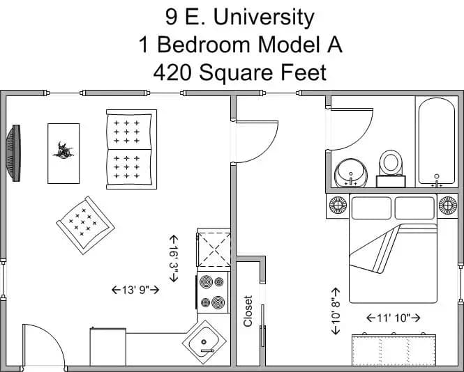 Cincinnati apartments for rent - image - 9 University- 1BR Model A floor plan.jpg