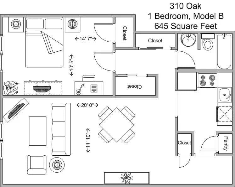 Cincinnati apartments for rent - image - 310 Oak- 1BR Model B floor plan.jpg