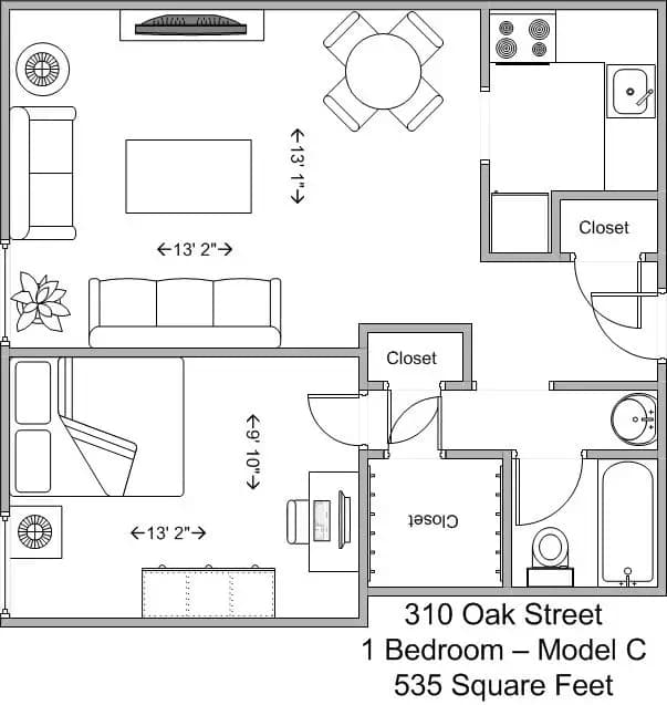 Cincinnati apartments for rent - image - 310 Oak- 1BR Model C floor plan.jpg
