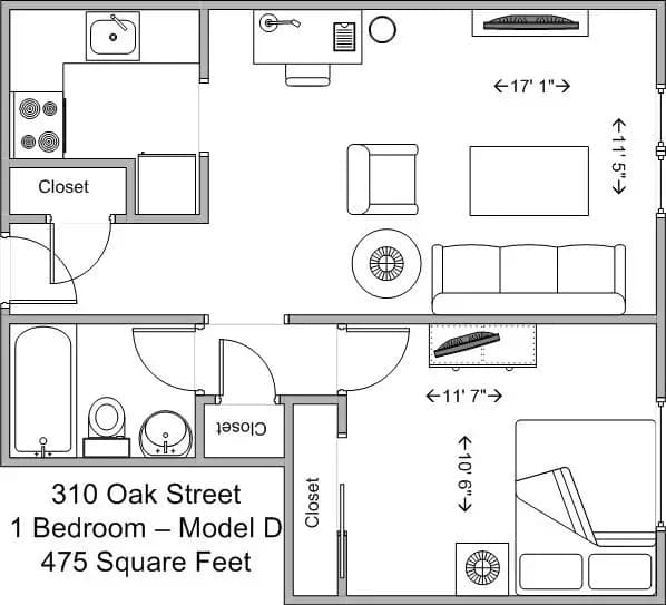Cincinnati apartments for rent - image - 310 Oak- 1BR Model D floor plan.jpg