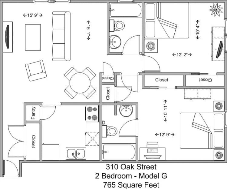 Cincinnati apartments for rent - image - 310 Oak- 2BR Model G floor plan.jpg