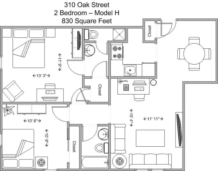 Cincinnati apartments for rent - image - 310 Oak- 2BR Model H floor plan.jpg