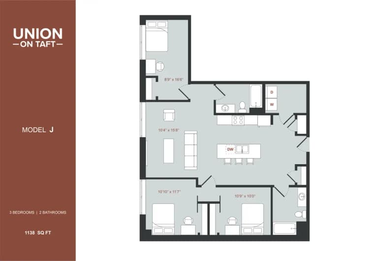 Cincinnati apartments for rent - image - 3 Bedroom Double Occupancy Model J.png