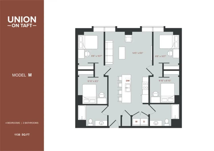 Cincinnati apartments for rent - image - 4 Bedroom Double Occupancy Model M.png