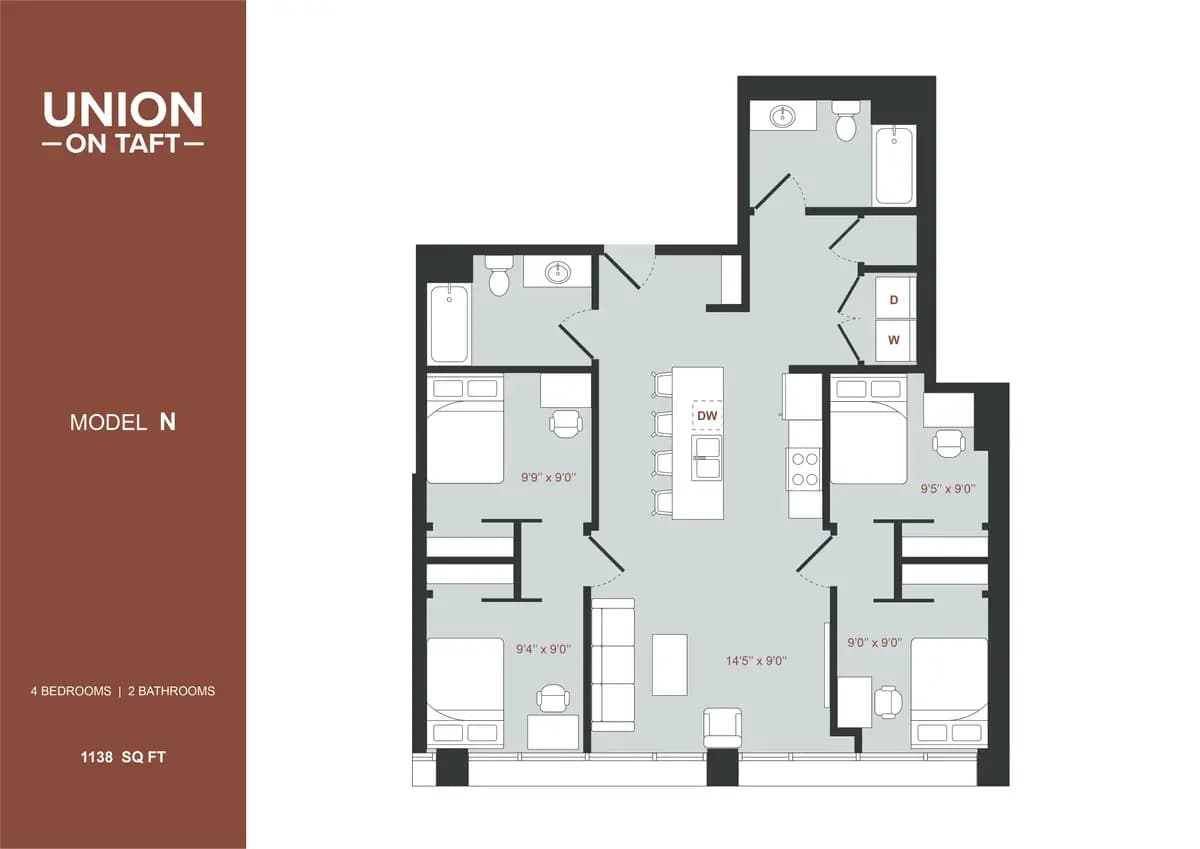 Cincinnati apartments for rent - image - 4 Bedroom Double Occupancy Model N.png