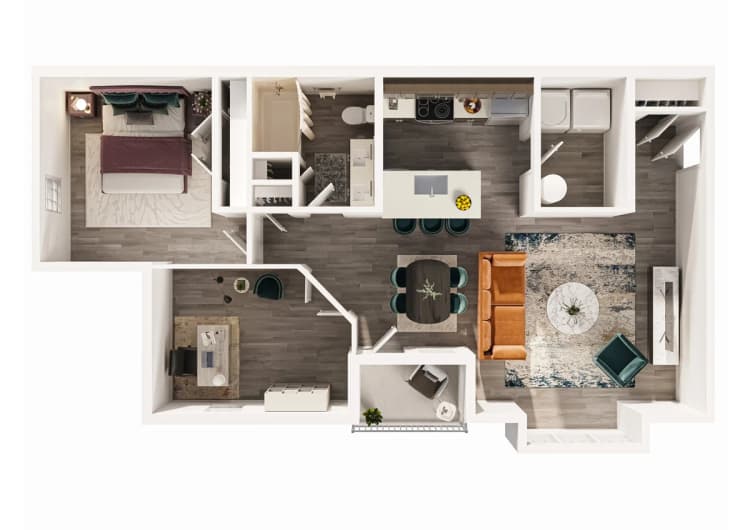 Cincinnati apartments for rent - image - Elegant open-concept floor plan with a cozy bedroom, sleek kitchen, and inviting living room featuring contemporary furniture.