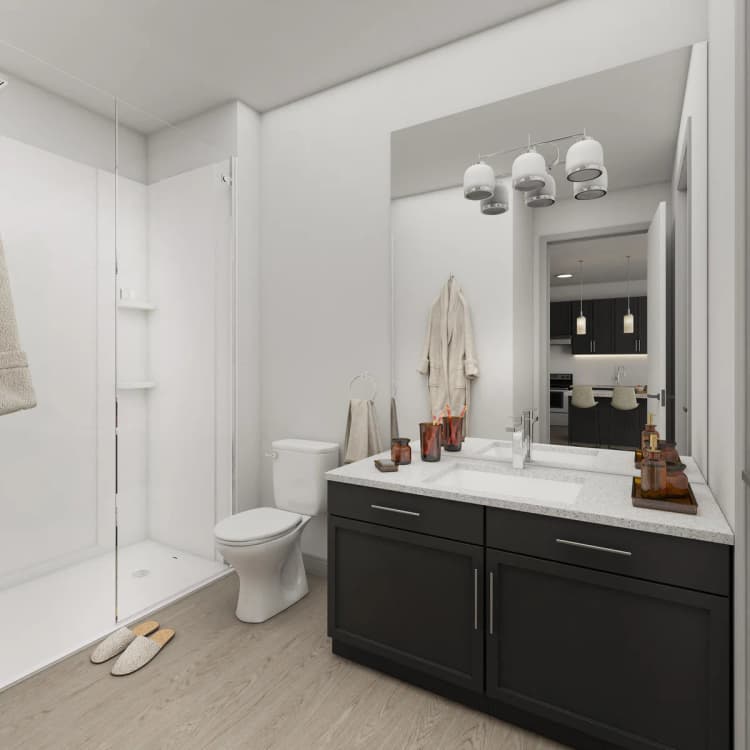Cincinnati apartments for rent - image - Altura Apartments bathroom featuring a walk-in shower and elegant granite countertops on the vanity.