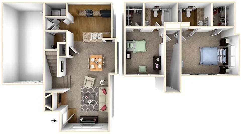Cincinnati apartments for rent - image - 2 bed 2 and half bath 3d floorplan.webp