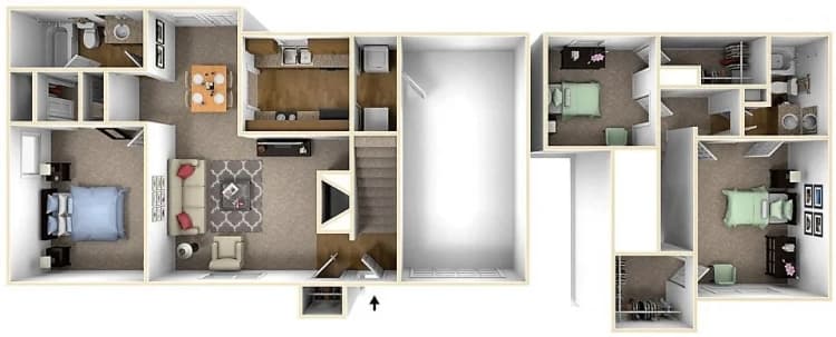 Cincinnati apartments for rent - image - 3 bed 2 bath 3d floorplan.webp