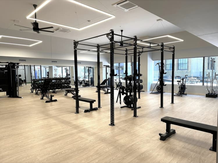 undefined apartments for rent - image - A gym with a variety of equipment including weightlifting machines and benches.
