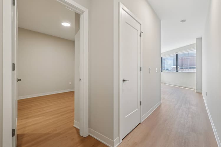 undefined apartments for rent - image - A long hallway with white doors and wood floors.