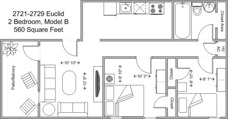 undefined apartments for rent - image - 2721-2729 Euclid (Euclid Court)- 2BR Model B floor plan.jpg